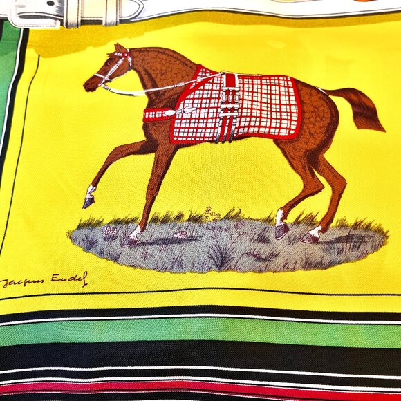 Hermes Paris 70's Scarf Yellow Silk Horses Couvertures Et Tenues De Jour New Box - Picture 13 of 16